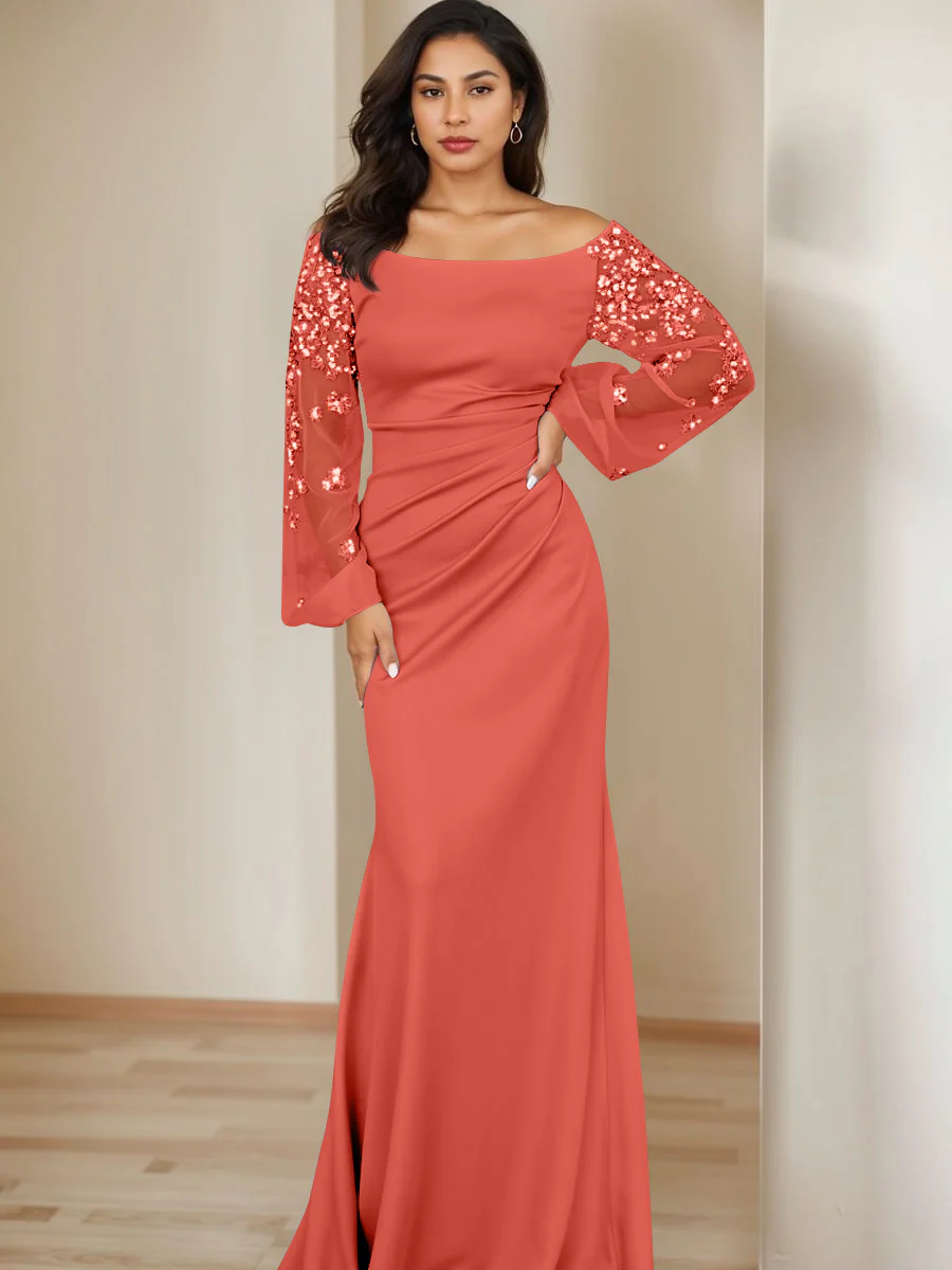 Sheath/Column Scoop Floor-Length Mother of the Bride Dresses Long Sleeves Pleats - Image 12