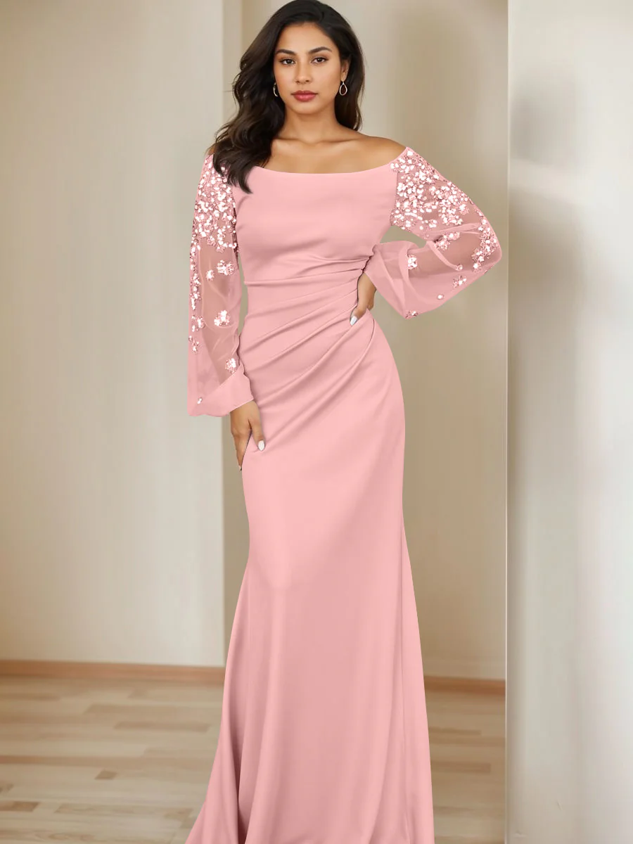 Sheath/Column Scoop Floor-Length Mother of the Bride Dresses Long Sleeves Pleats - Image 40
