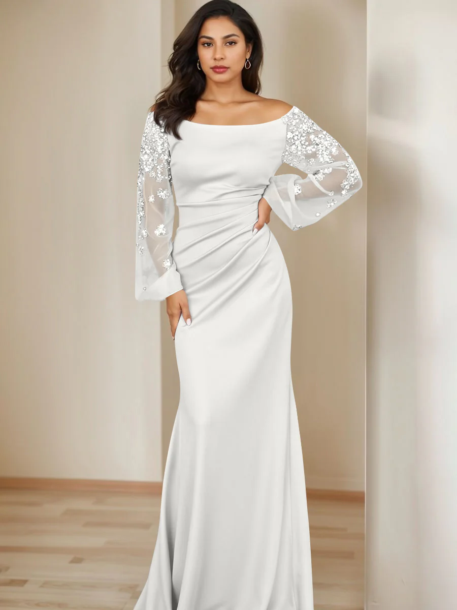 Sheath/Column Scoop Floor-Length Mother of the Bride Dresses Long Sleeves Pleats - Image 55