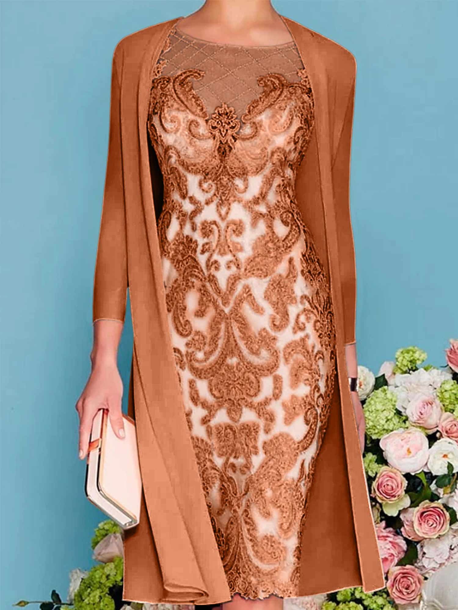 Sheath/Column Scoop Long Sleeves Knee-Length Mother of the Bride Dresses with Lace Beading Appliques - Image 26