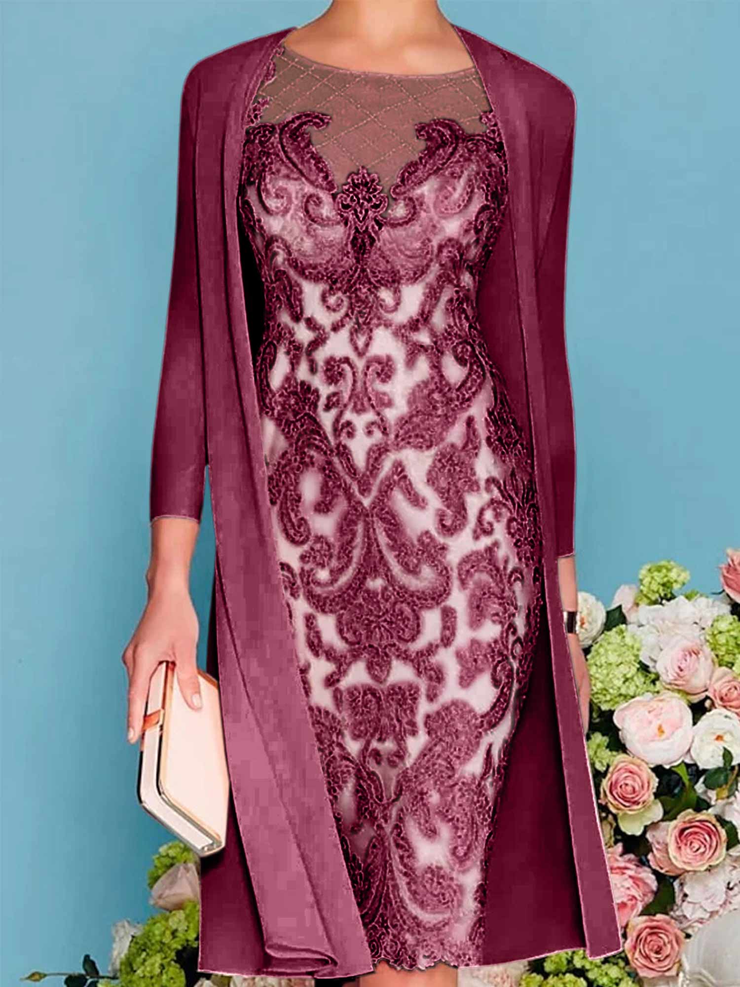 Sheath/Column Scoop Long Sleeves Knee-Length Mother of the Bride Dresses with Lace Beading Appliques - Image 45