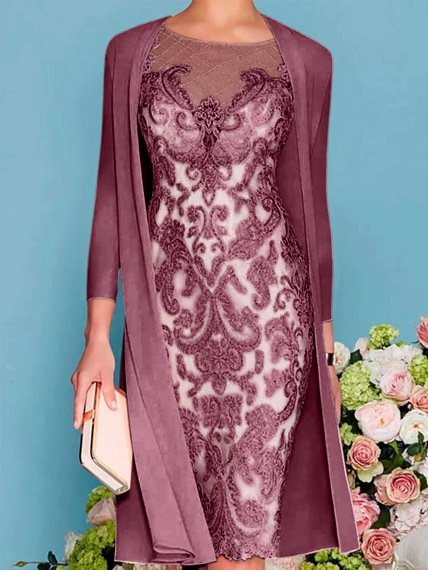 Sheath/Column Scoop Long Sleeves Knee-Length Mother of the Bride Dresses with Lace Beading Appliques - Image 54