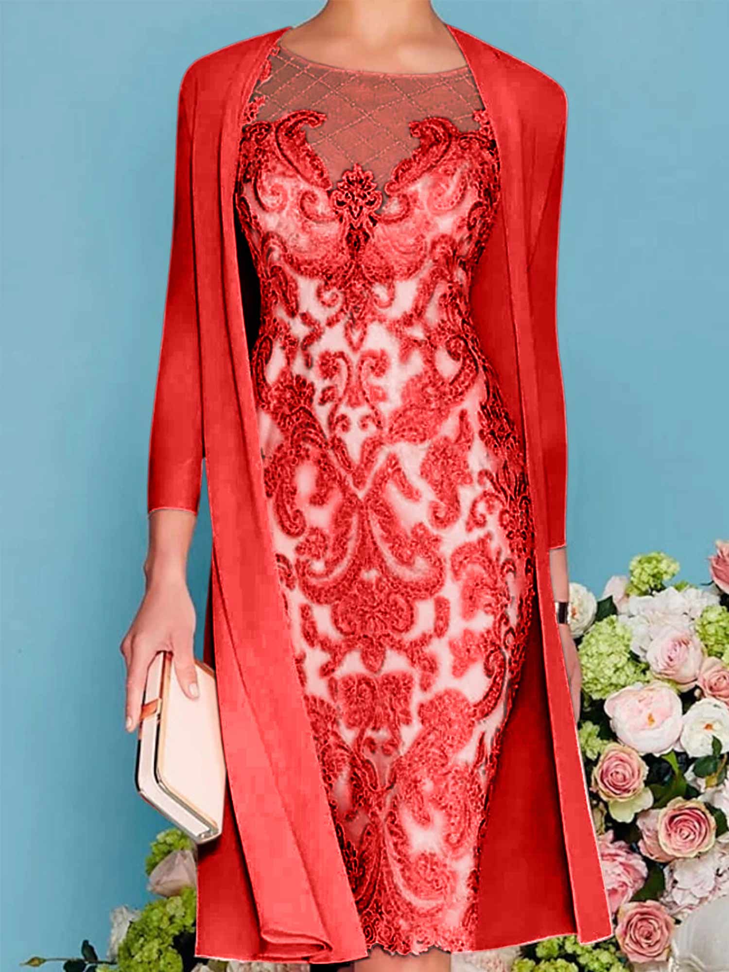Sheath/Column Scoop Long Sleeves Knee-Length Mother of the Bride Dresses with Lace Beading Appliques - Image 66