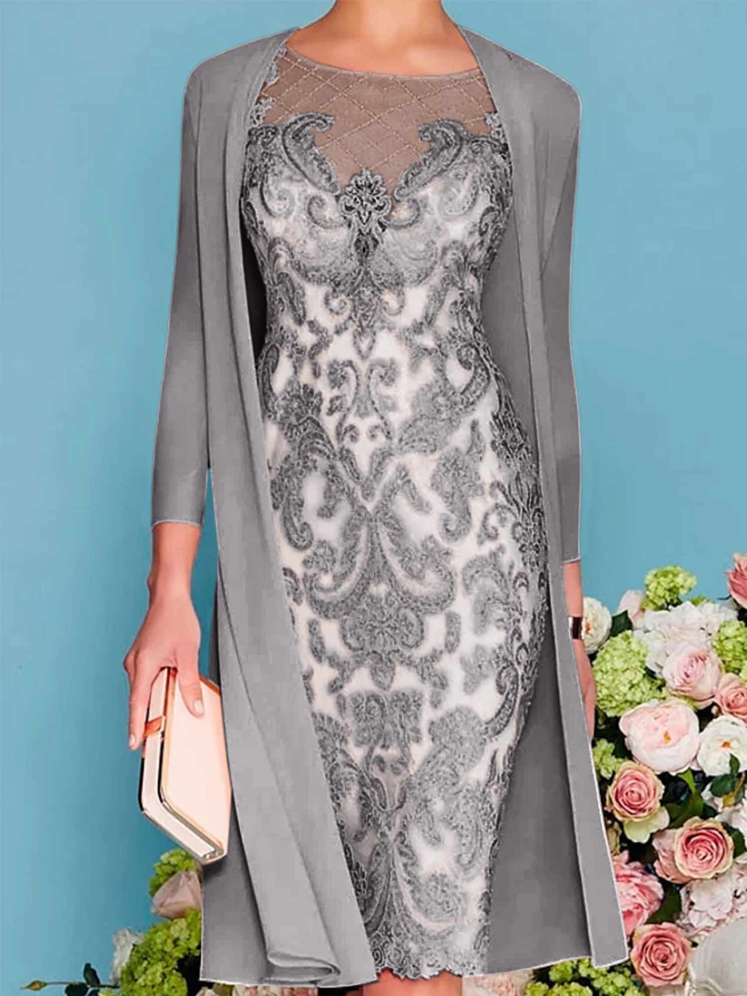 Sheath/Column Scoop Long Sleeves Knee-Length Mother of the Bride Dresses with Lace Beading Appliques - Image 72