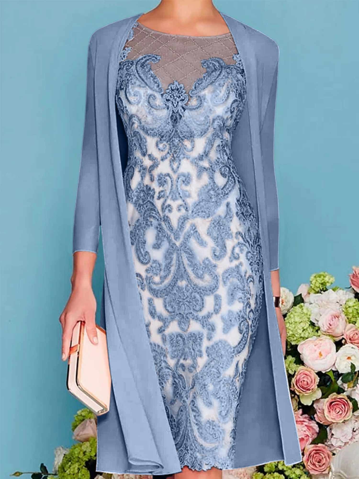 Sheath/Column Scoop Long Sleeves Knee-Length Mother of the Bride Dresses with Lace Beading Appliques - Image 75
