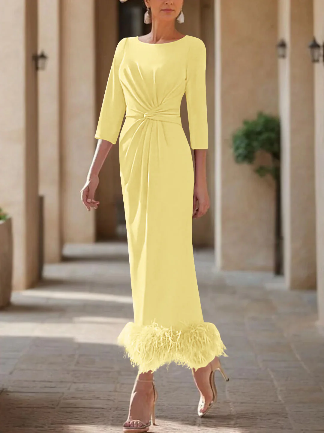 Sheath/Column Scoop Neck Ankle Length Elegant Mother of the Bride & Groom Dresses with Feather - Image 12