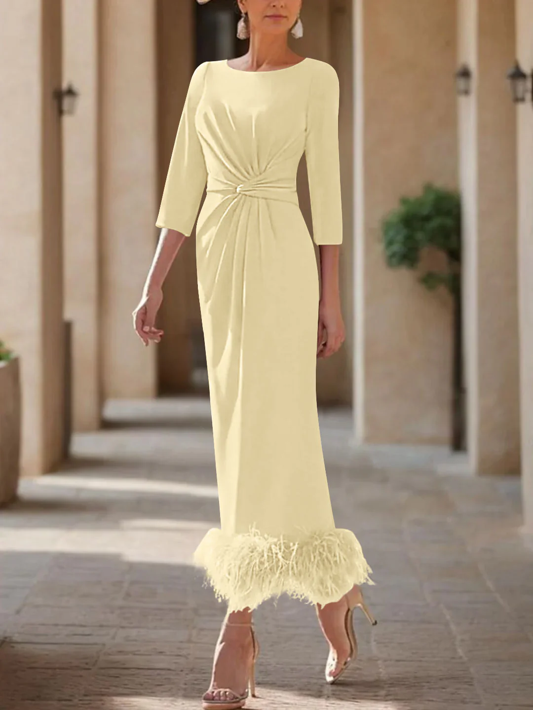 Sheath/Column Scoop Neck Ankle Length Elegant Mother of the Bride & Groom Dresses with Feather - Image 13