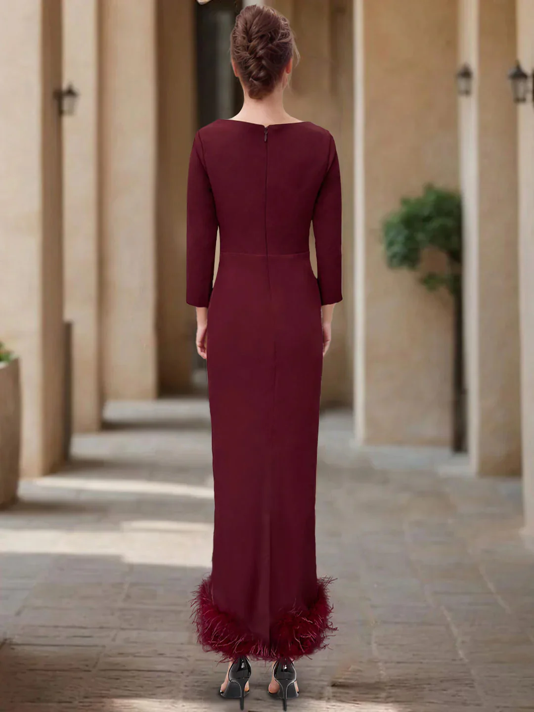 Sheath/Column Scoop Neck Ankle Length Elegant Mother of the Bride & Groom Dresses with Feather - Image 2