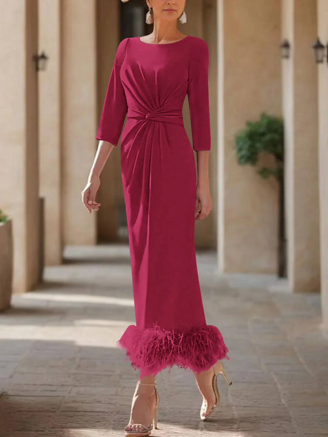 Sheath/Column Scoop Neck Ankle Length Elegant Mother of the Bride & Groom Dresses with Feather - Image 26