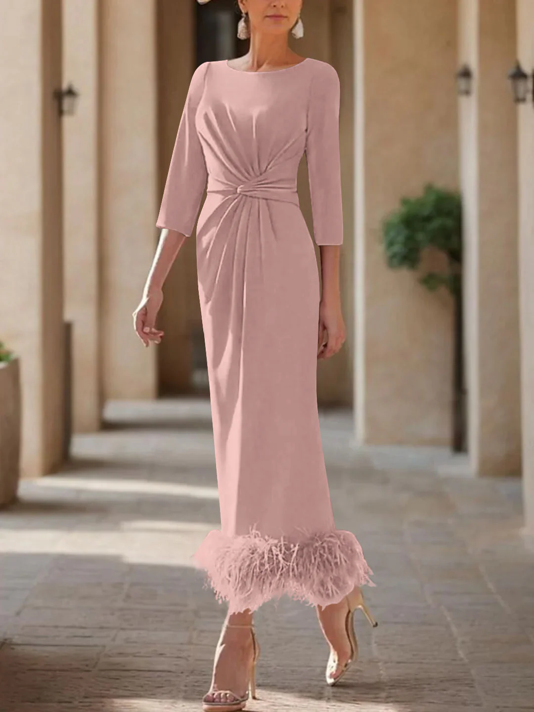 Sheath/Column Scoop Neck Ankle Length Elegant Mother of the Bride & Groom Dresses with Feather - Image 32
