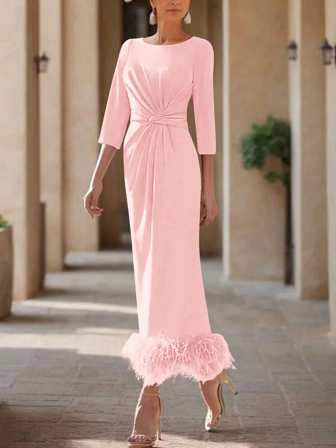 Sheath/Column Scoop Neck Ankle Length Elegant Mother of the Bride & Groom Dresses with Feather - Image 40