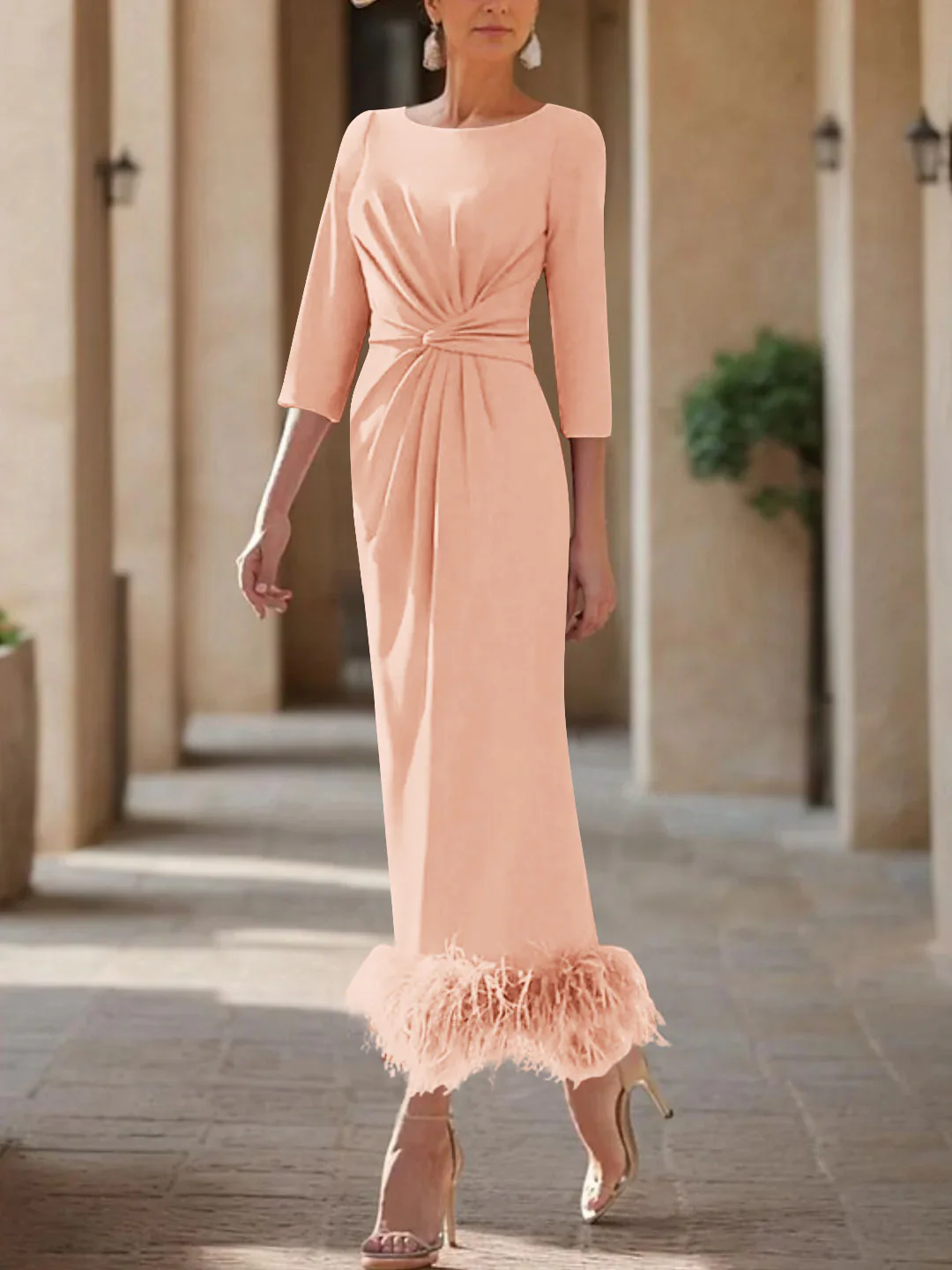 Sheath/Column Scoop Neck Ankle Length Elegant Mother of the Bride & Groom Dresses with Feather - Image 45