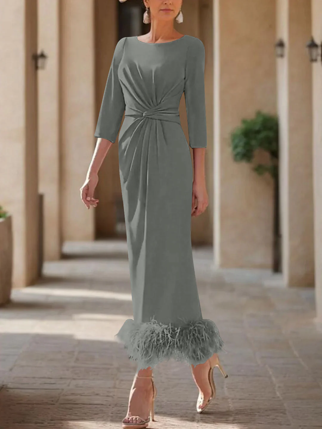 Sheath/Column Scoop Neck Ankle Length Elegant Mother of the Bride & Groom Dresses with Feather - Image 47