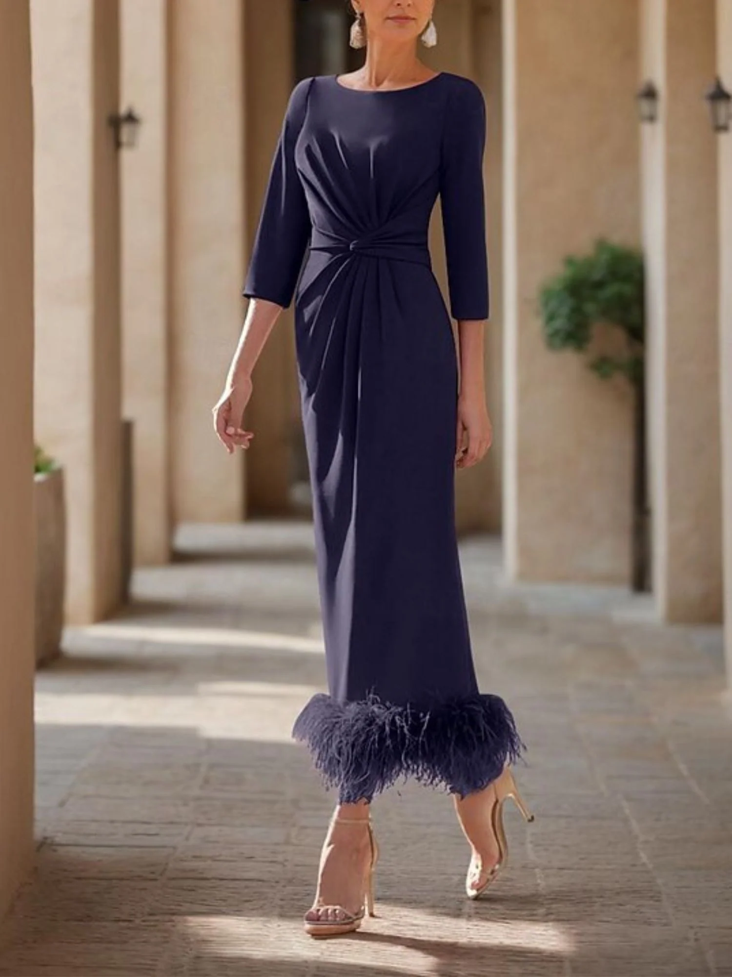 Sheath/Column Scoop Neck Ankle Length Elegant Mother of the Bride & Groom Dresses with Feather - Image 5