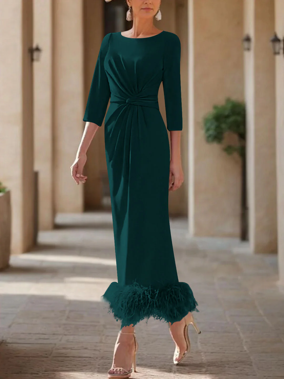 Sheath/Column Scoop Neck Ankle Length Elegant Mother of the Bride & Groom Dresses with Feather - Image 60