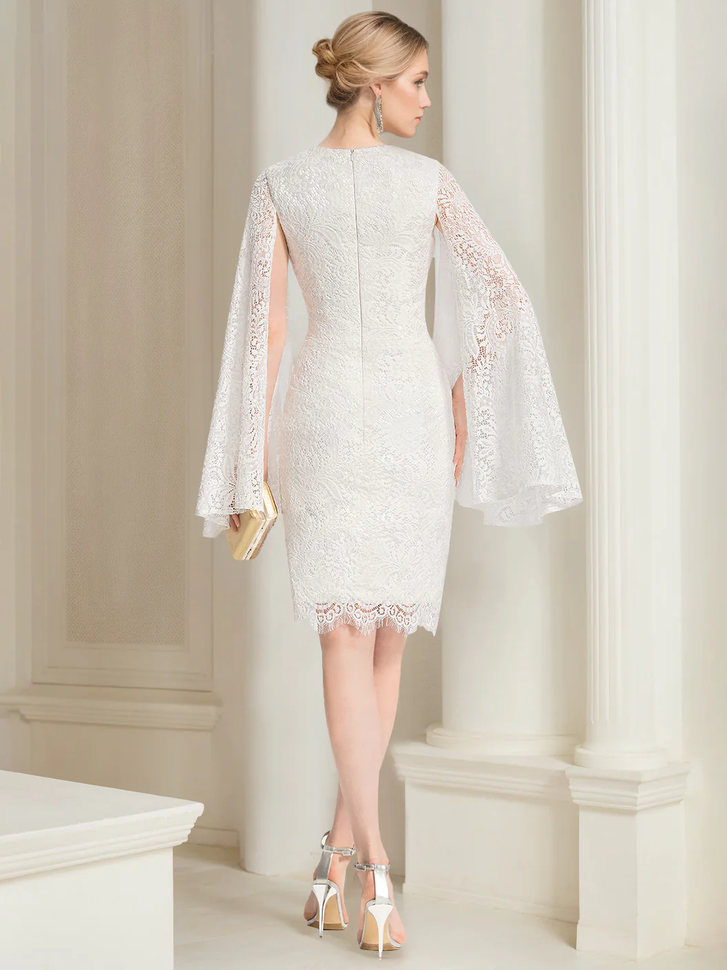 Sheath/Column Scoop Neck Knee-Length Wedding Dress With Appliques & Lace - Image 2