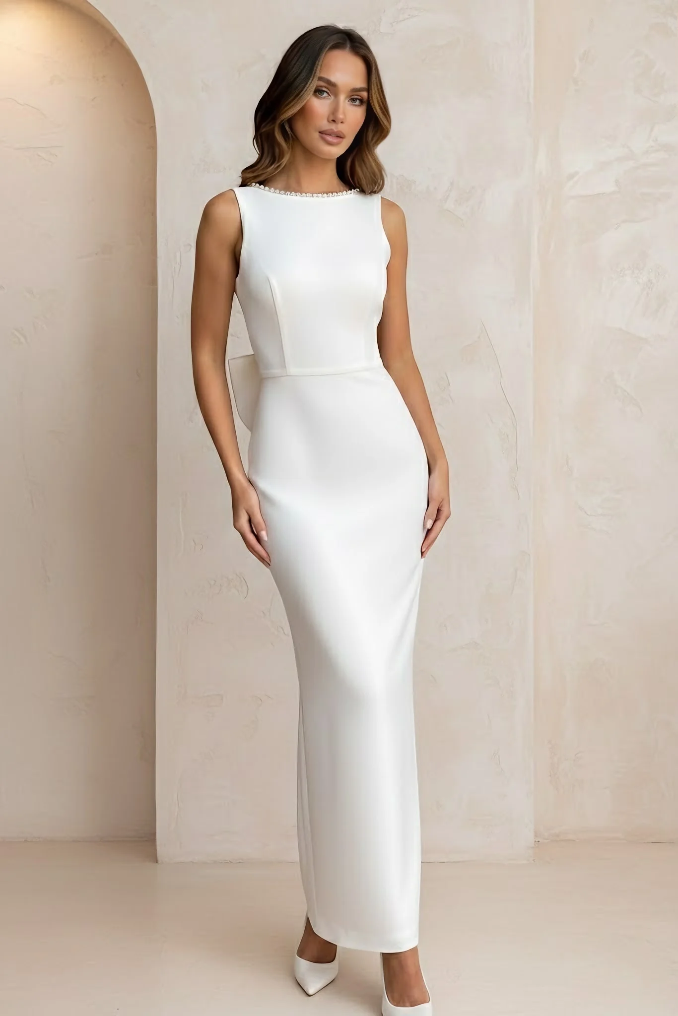 Sheath/Column Scoop Satin Cocktail Dresses Sleeveless Ankle-Length Bowknot Formal Dresses - Image 3