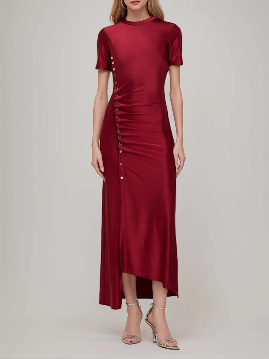 Sheath/Column Scoop Short Sleeves Asymmetrical Wedding Guest Dress with Bottons & Ruches