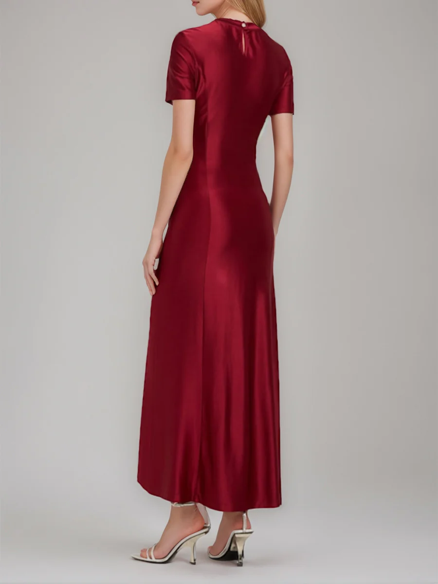 Sheath/Column Scoop Short Sleeves Asymmetrical Wedding Guest Dress with Bottons & Ruches - Image 2