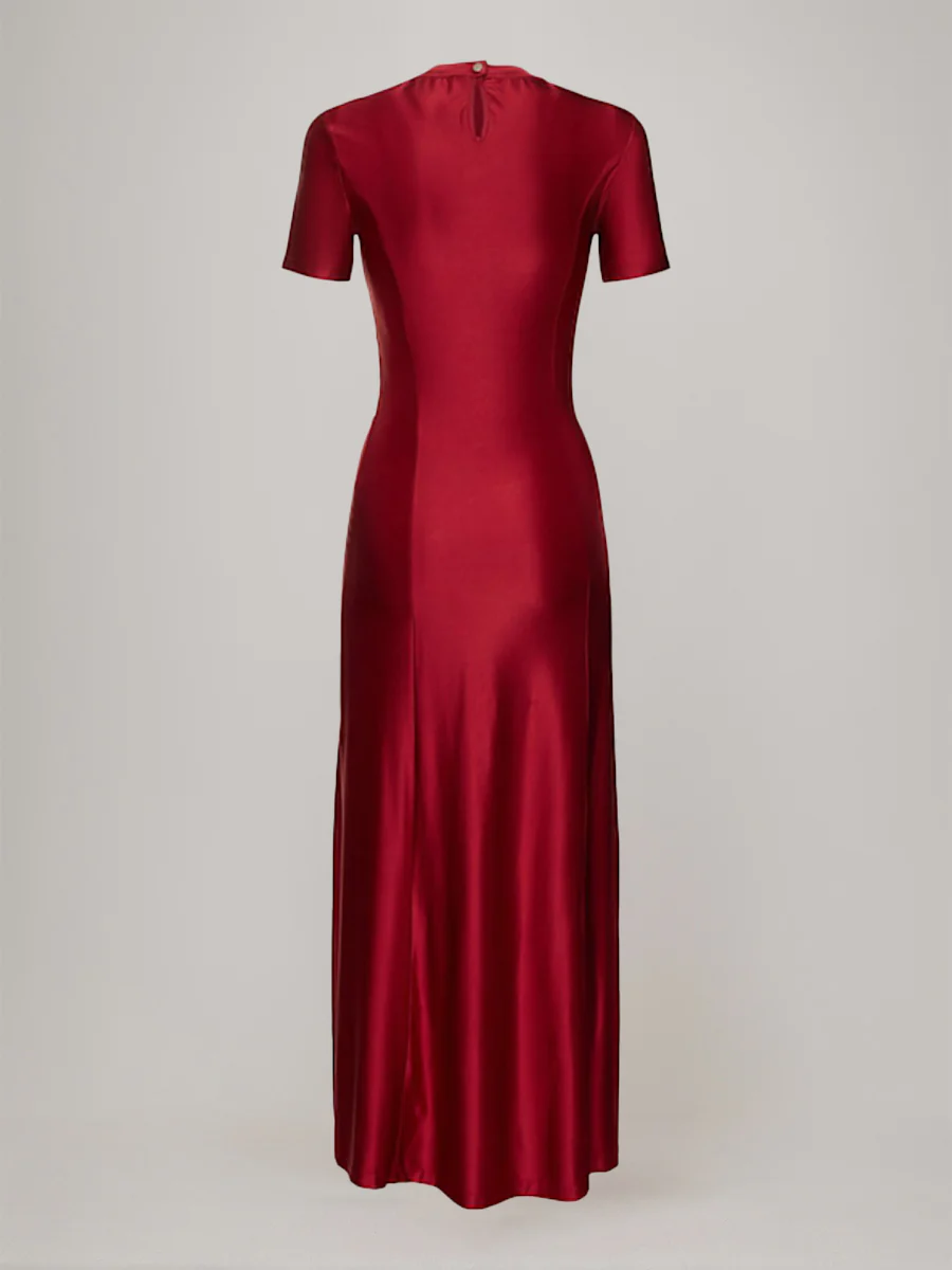 Sheath/Column Scoop Short Sleeves Asymmetrical Wedding Guest Dress with Bottons & Ruches - Image 4