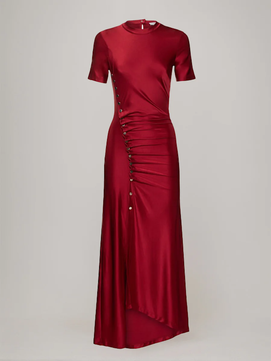 Sheath/Column Scoop Short Sleeves Asymmetrical Wedding Guest Dress with Bottons & Ruches - Image 5