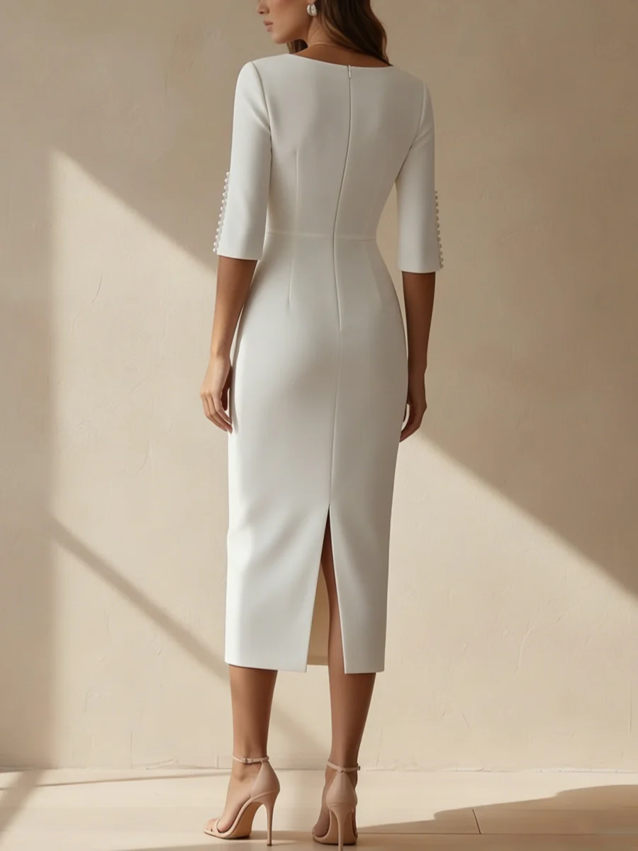 Sheath/Column Scoop Stretch Satin Cocktail Dresses Tea-Length Half Sleeves Formal Dress - Image 2