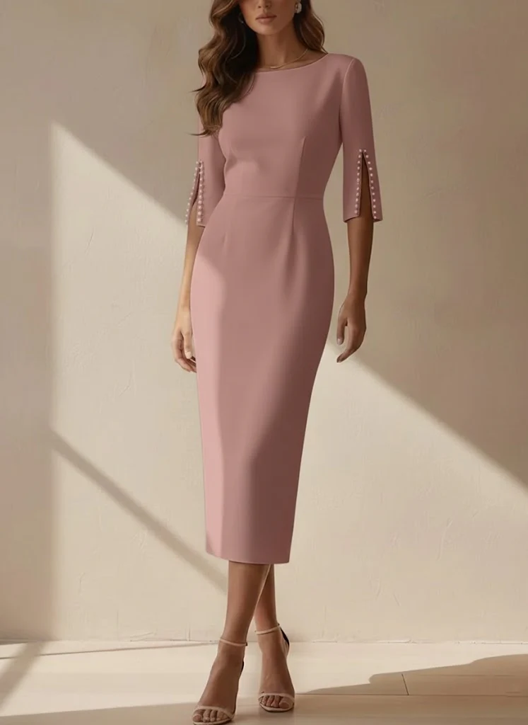 Sheath/Column Scoop Stretch Satin Cocktail Dresses Tea-Length Half Sleeves Formal Dress - Image 7