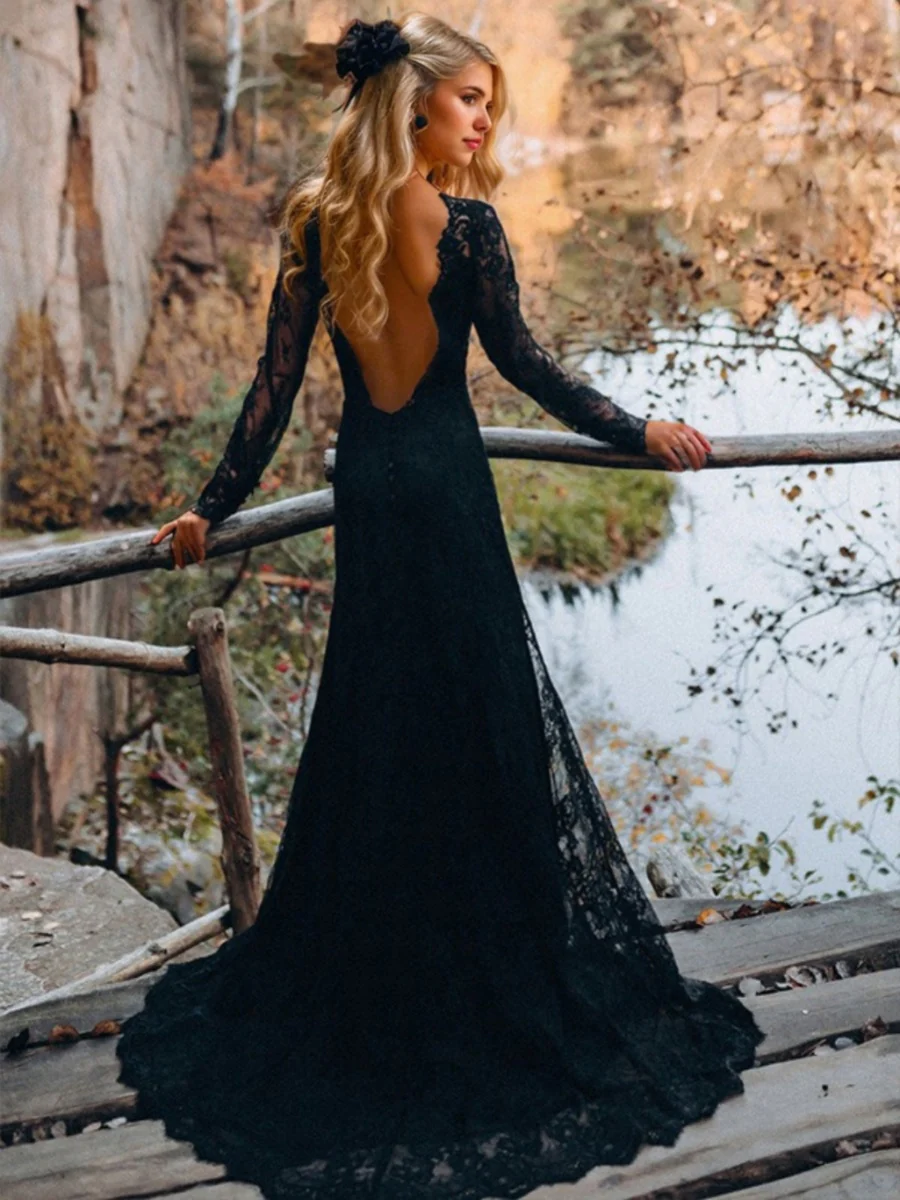 Sheath/Column Sexy Jewel Neck Long Sleeves Backless Sweep Train Black Wedding Dresses with Side Slit - Image 2