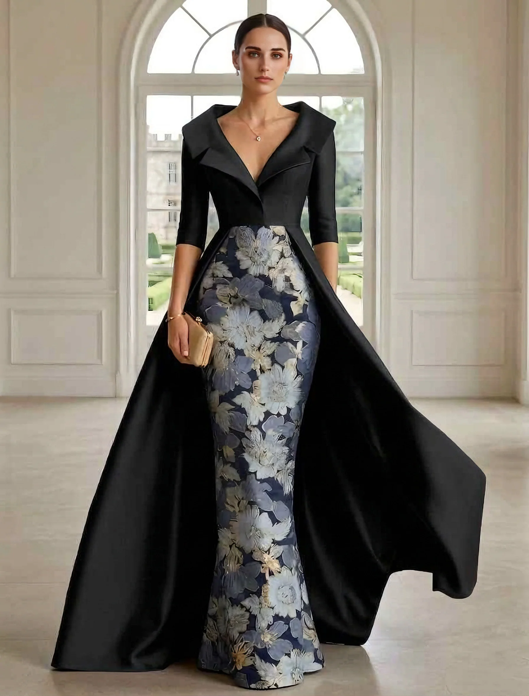 Sheath/Column Shirt Collar Satin Mother of the Bride Dresses with Overskirt Floral Half Sleeves Floor Length - Image 3