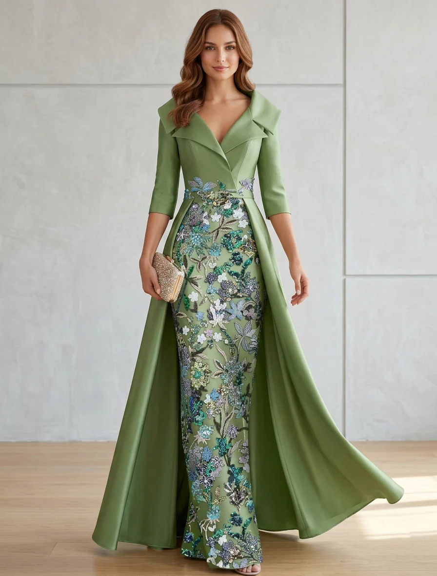 Sheath/Column Shirt Collar Satin Mother of the Bride Dresses with Overskirt Half Sleeves Floor-Length Sequins - Image 4