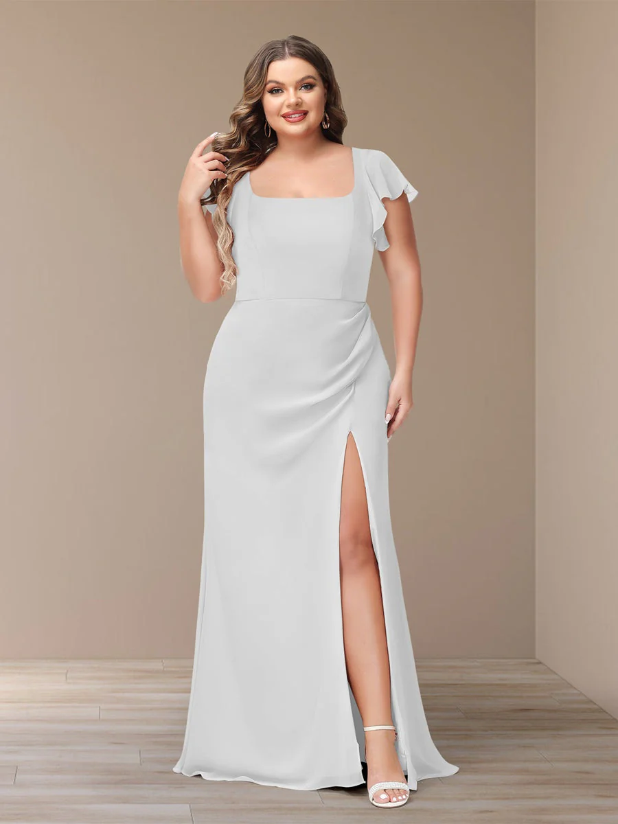 Sheath/Column Short Sleeves Chiffon Plus Size Bridesmaid Dresses with Split Side - Image 15