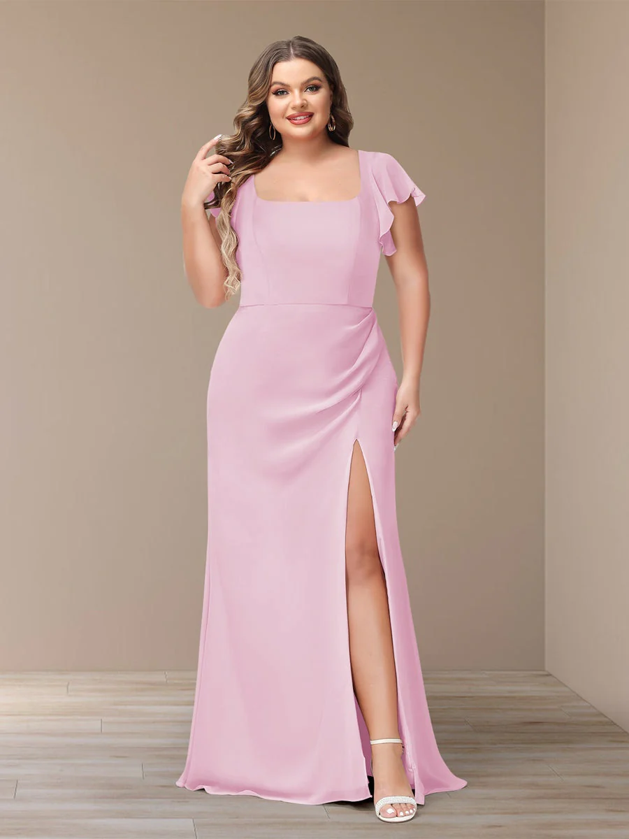 Sheath/Column Short Sleeves Chiffon Plus Size Bridesmaid Dresses with Split Side - Image 20