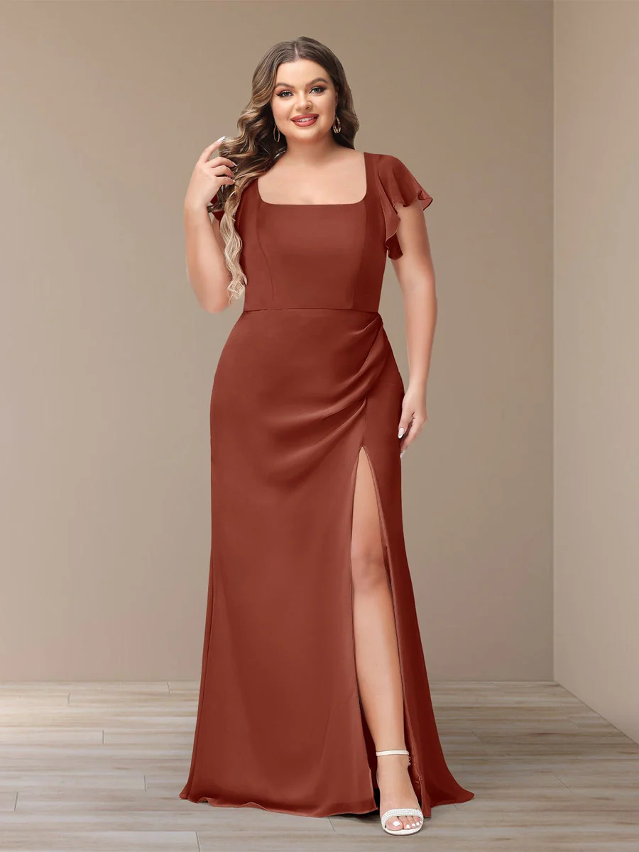 Sheath/Column Short Sleeves Chiffon Plus Size Bridesmaid Dresses with Split Side - Image 8