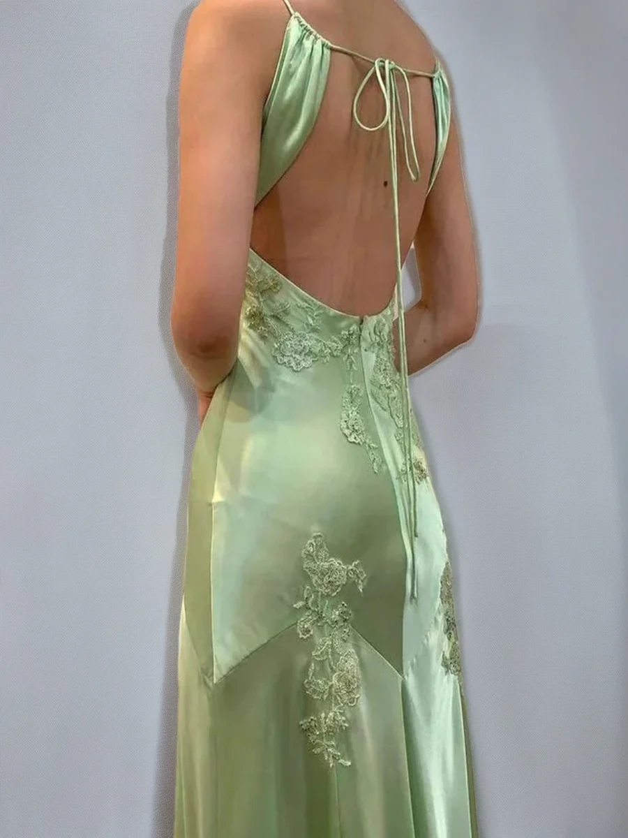 Sheath/Column Spaghetti Straps Backless Sleeveless Prom Dresses with Appliques & Self-tie - Image 2
