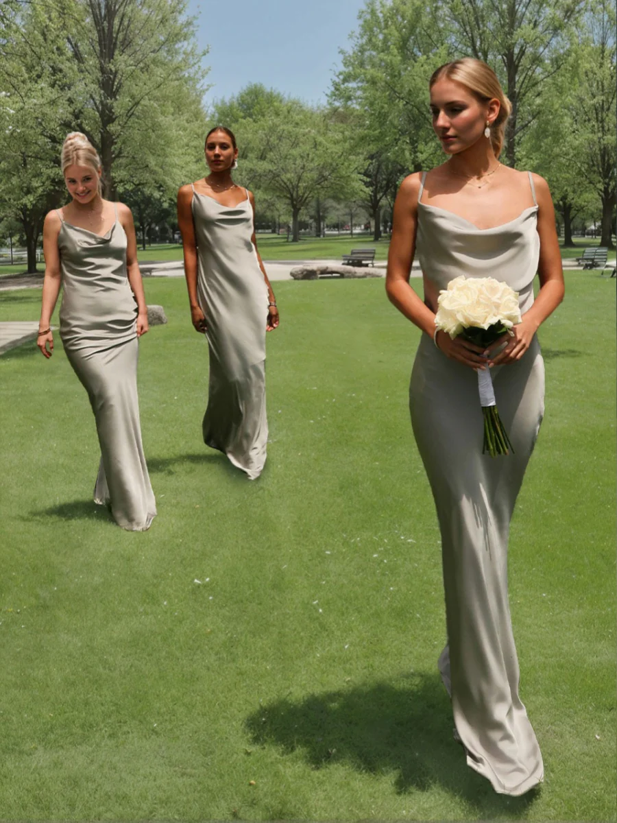 Sheath/Column Spaghetti Straps Cowl Neck Backless Floor-Length Floral Bridesmaid Dresses - Image 2