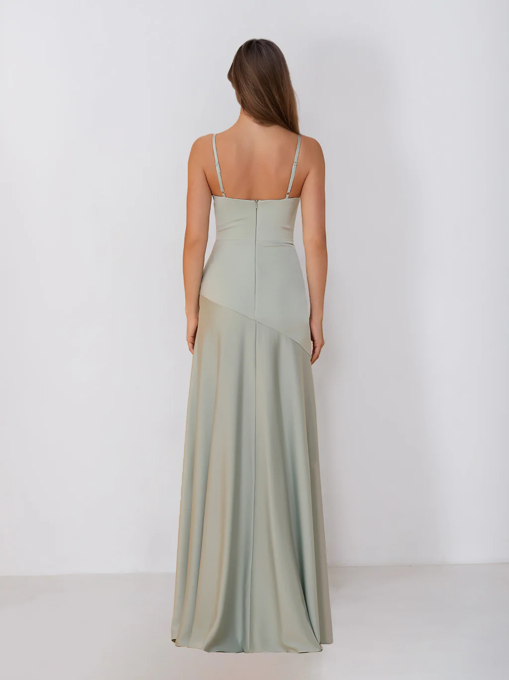 Sheath/Column Spaghetti Straps Cowl Neck Sleeveless Floor-Length Silk Satin Bridesmaid Dresses with Split Side - Image 3