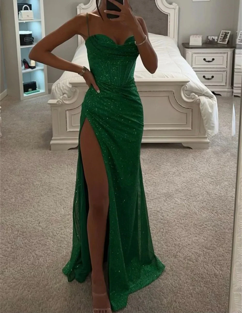 Sheath/Column Sequins Spaghetti Straps Evening Dresses Floor-length Prom Dresses With Split Side - Image 5