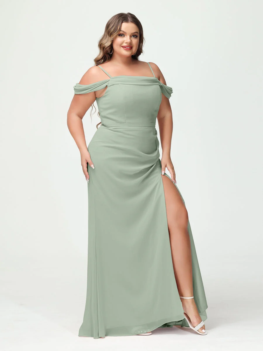 Sheath/Column Spaghetti Straps Off-the-Shoulder Chiffon Split Side Plus Size Bridesmaid Dresses - Image 10