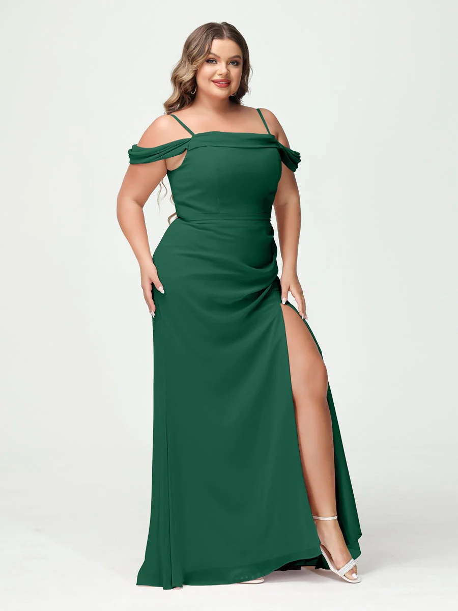 Sheath/Column Spaghetti Straps Off-the-Shoulder Chiffon Split Side Plus Size Bridesmaid Dresses - Image 11