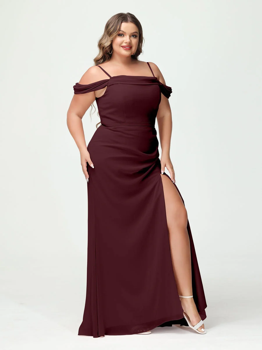 Sheath/Column Spaghetti Straps Off-the-Shoulder Chiffon Split Side Plus Size Bridesmaid Dresses - Image 12