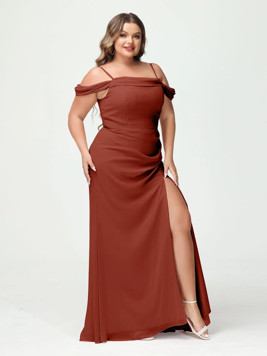 Sheath/Column Spaghetti Straps Off-the-Shoulder Chiffon Split Side Plus Size Bridesmaid Dresses - Image 13