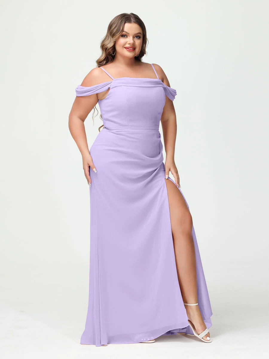 Sheath/Column Spaghetti Straps Off-the-Shoulder Chiffon Split Side Plus Size Bridesmaid Dresses - Image 14