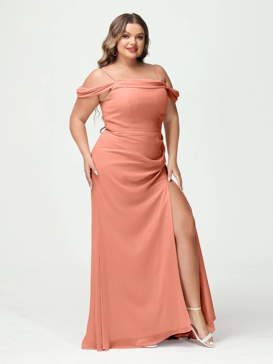 Sheath/Column Spaghetti Straps Off-the-Shoulder Chiffon Split Side Plus Size Bridesmaid Dresses - Image 15
