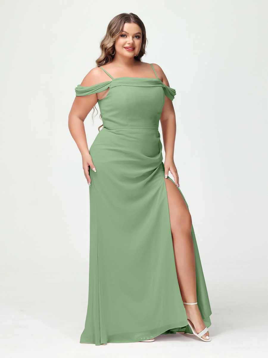 Sheath/Column Spaghetti Straps Off-the-Shoulder Chiffon Split Side Plus Size Bridesmaid Dresses - Image 16