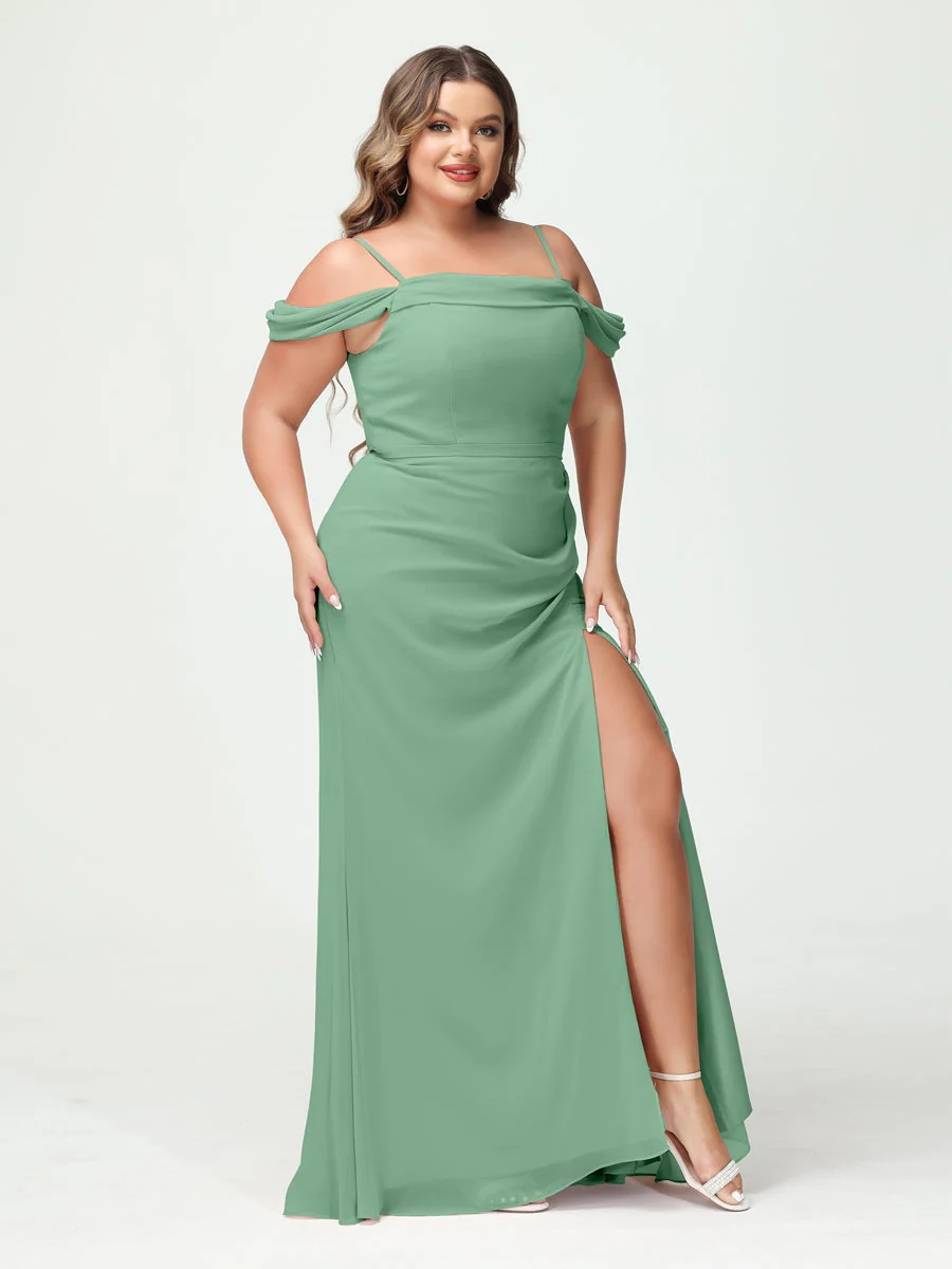 Sheath/Column Spaghetti Straps Off-the-Shoulder Chiffon Split Side Plus Size Bridesmaid Dresses - Image 17