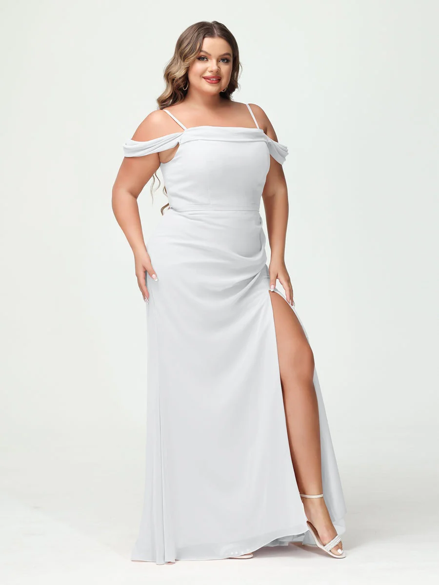 Sheath/Column Spaghetti Straps Off-the-Shoulder Chiffon Split Side Plus Size Bridesmaid Dresses - Image 19