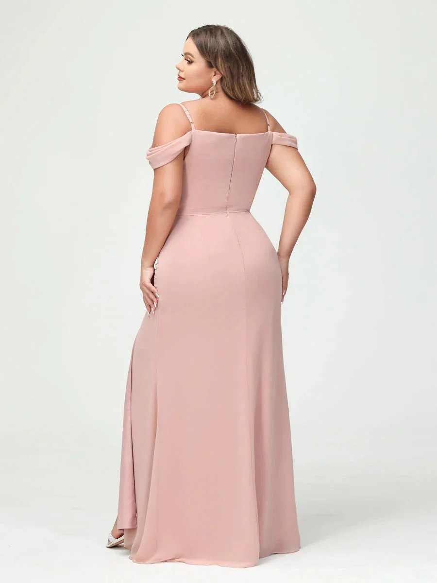 Sheath/Column Spaghetti Straps Off-the-Shoulder Chiffon Split Side Plus Size Bridesmaid Dresses - Image 2