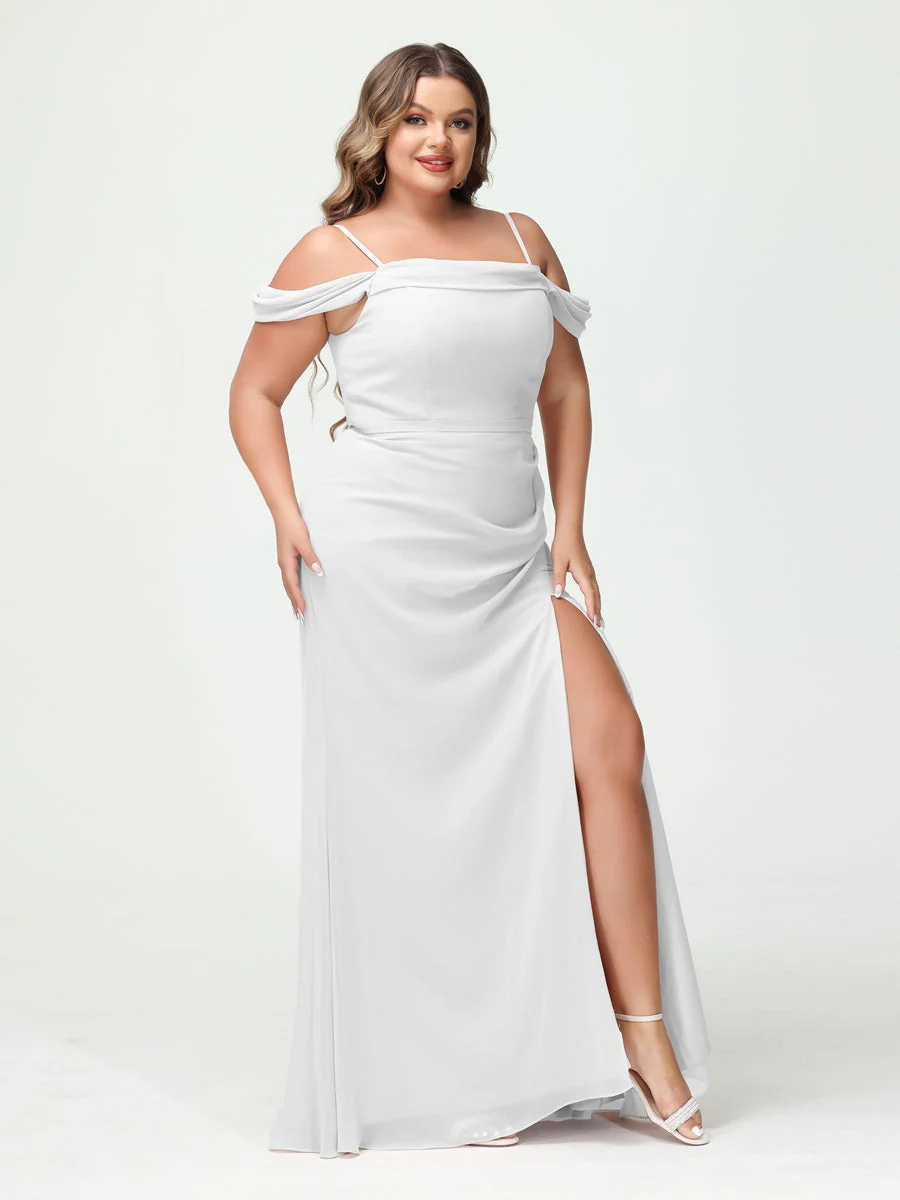 Sheath/Column Spaghetti Straps Off-the-Shoulder Chiffon Split Side Plus Size Bridesmaid Dresses - Image 20