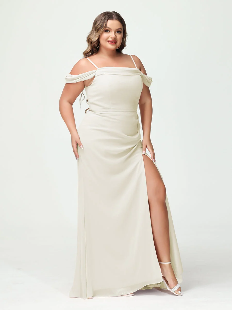 Sheath/Column Spaghetti Straps Off-the-Shoulder Chiffon Split Side Plus Size Bridesmaid Dresses - Image 21
