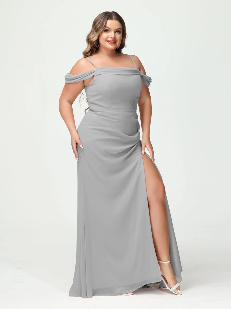 Sheath/Column Spaghetti Straps Off-the-Shoulder Chiffon Split Side Plus Size Bridesmaid Dresses - Image 22